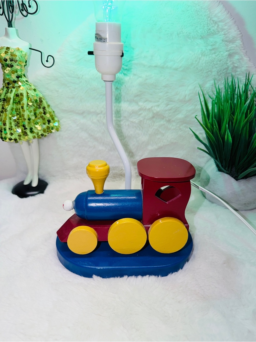 Wooden Lamp Blue & Red Toy Train for Kids Bedroom or Nursery Decor Boy 🚂
